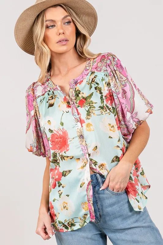 SAGE+FIG Plus Size Floral Mineral Wash French Terry Button Up Shirt - Blu Lotus Boutique