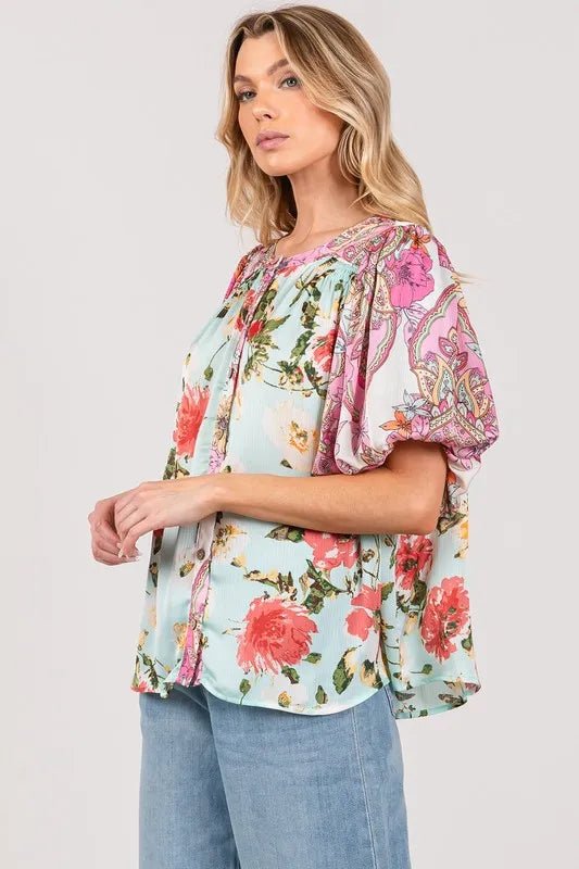 SAGE+FIG Plus Size Floral Mineral Wash French Terry Button Up Shirt - Blu Lotus Boutique