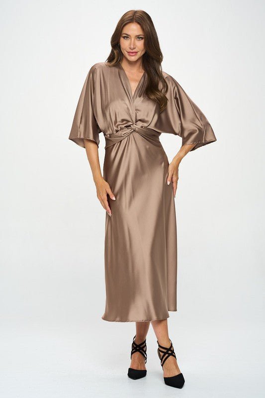 Satin Stretch Solid Dress with Front Twist - Blu Lotus Boutique