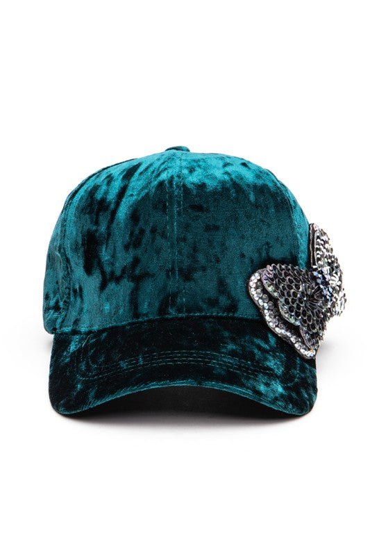 Sequin Bow Tie Distressed Velour Cap - Blu Lotus Boutique