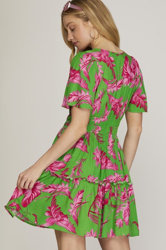 She + Sky Full Size Printed Notched Short Sleeve Frill Tiered Dress Plus Size - Blu Lotus Boutique