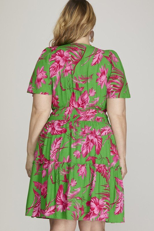 She + Sky Full Size Printed Notched Short Sleeve Frill Tiered Dress Plus Size - Blu Lotus Boutique