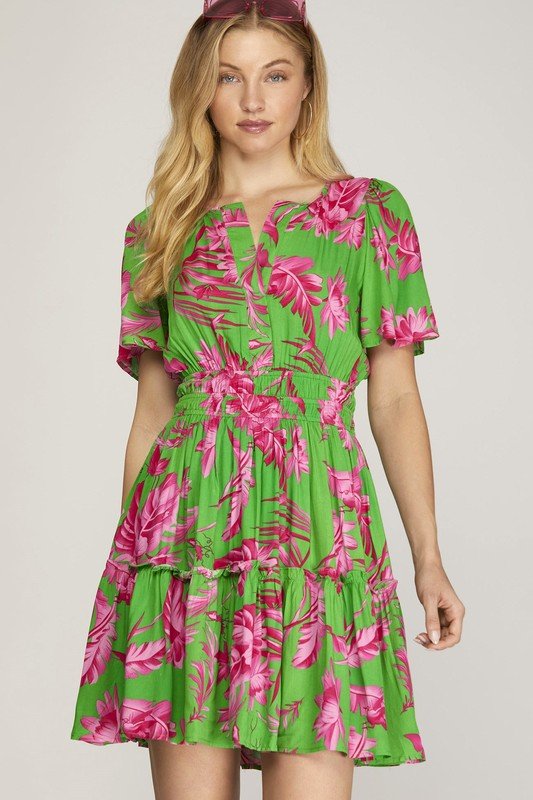 She + Sky Full Size Printed Notched Short Sleeve Frill Tiered Dress Plus Size - Blu Lotus Boutique