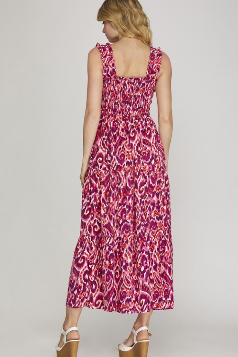 She + Sky Full Size Smocked Printed Wide Strap Tiered Dress Plus Size - Blu Lotus Boutique
