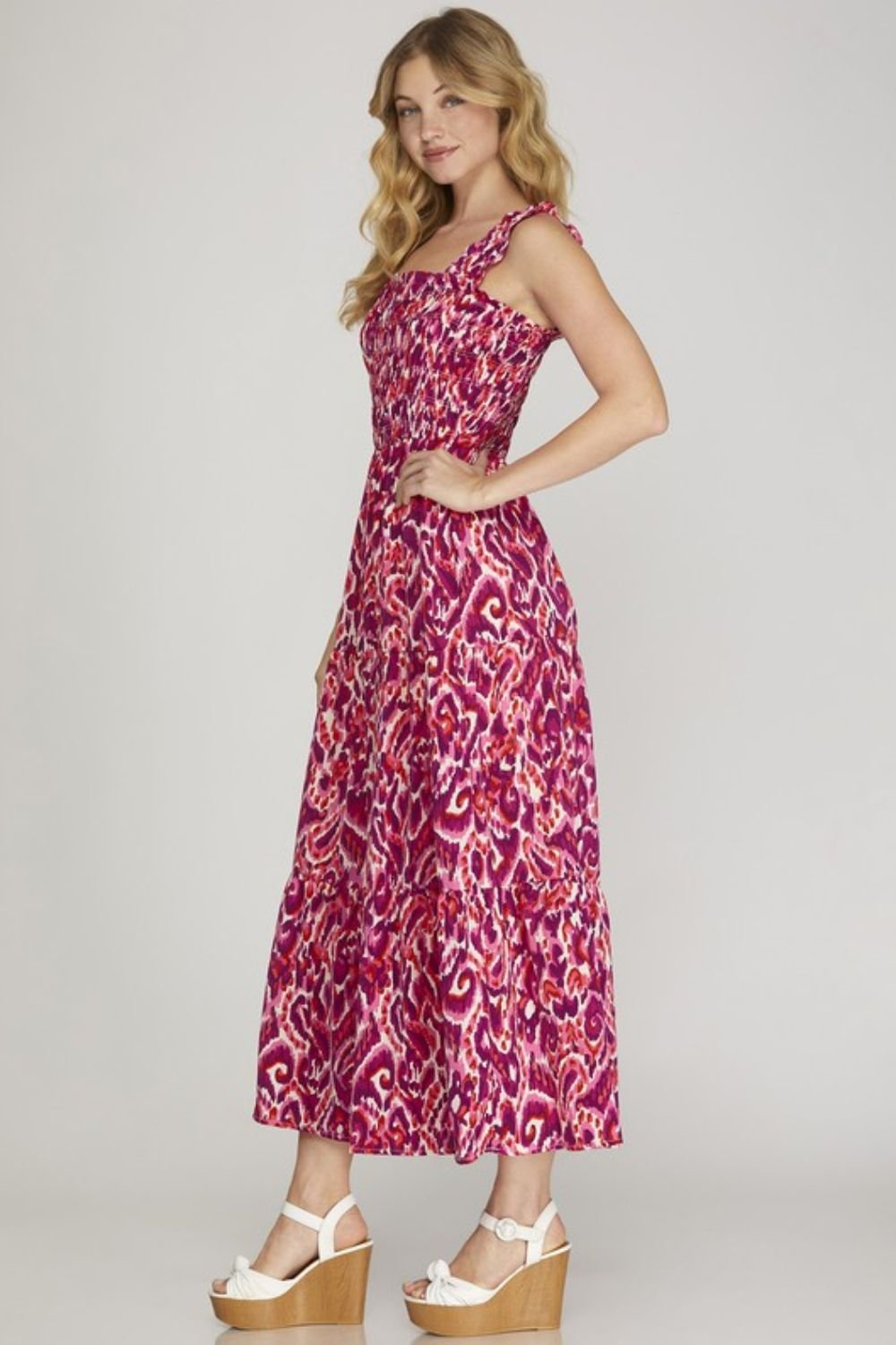 She + Sky Full Size Smocked Printed Wide Strap Tiered Dress Plus Size - Blu Lotus Boutique