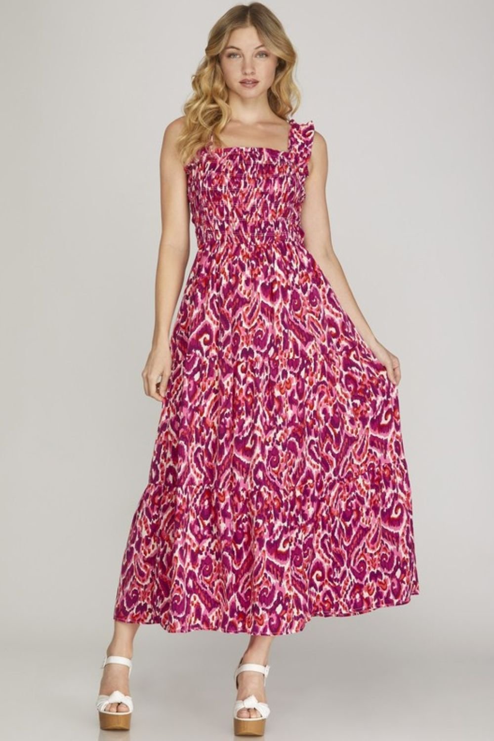 She + Sky Full Size Smocked Printed Wide Strap Tiered Dress Plus Size - Blu Lotus Boutique