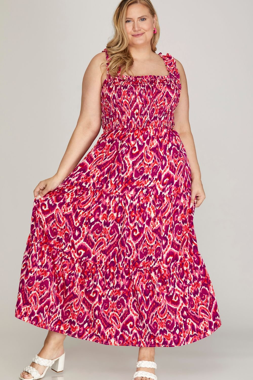 She + Sky Full Size Smocked Printed Wide Strap Tiered Dress Plus Size - Blu Lotus Boutique