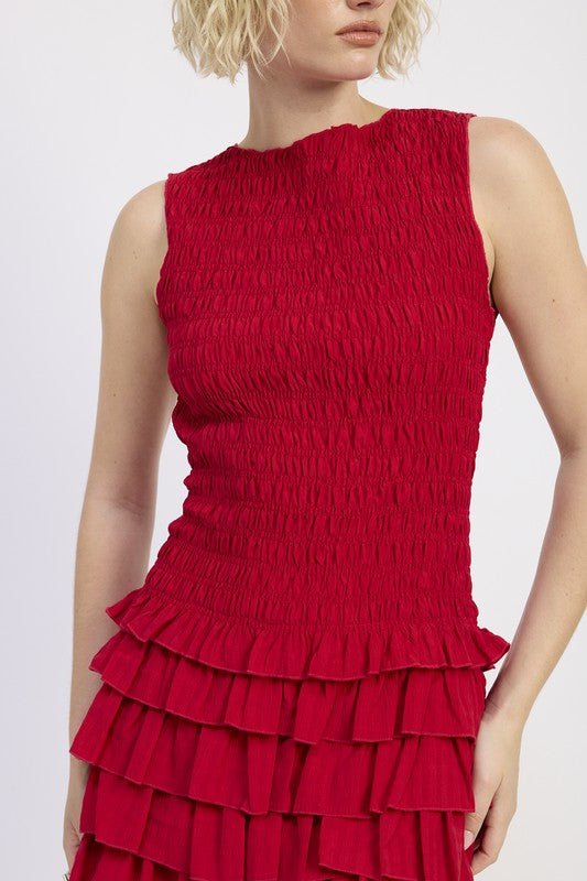 SLEEVELESS SMOCKED MINI DRESS WITH RUFFLE - Blu Lotus Boutique