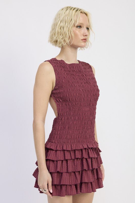SLEEVELESS SMOCKED MINI DRESS WITH RUFFLE - Blu Lotus Boutique