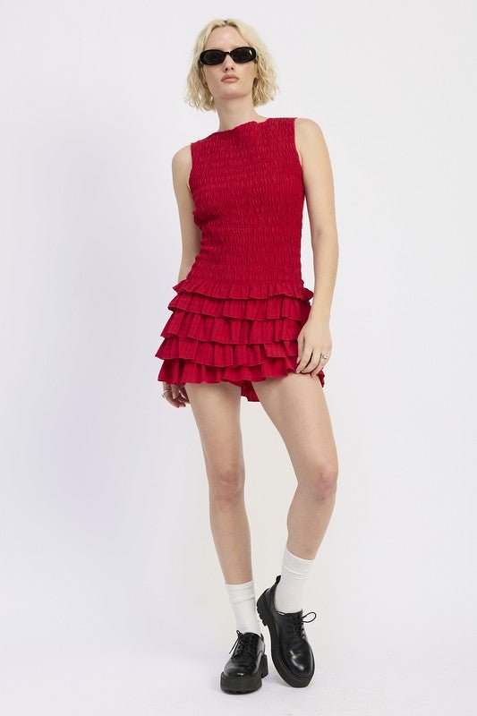 SLEEVELESS SMOCKED MINI DRESS WITH RUFFLE - Blu Lotus Boutique