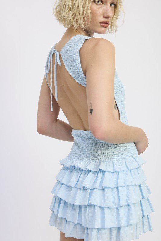 SLEEVELESS SMOCKED MINI DRESS WITH RUFFLE - Blu Lotus Boutique