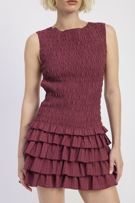 SLEEVELESS SMOCKED MINI DRESS WITH RUFFLE - Blu Lotus Boutique