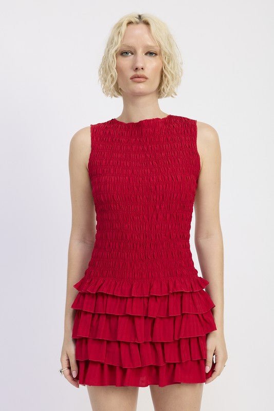 SLEEVELESS SMOCKED MINI DRESS WITH RUFFLE - Blu Lotus Boutique