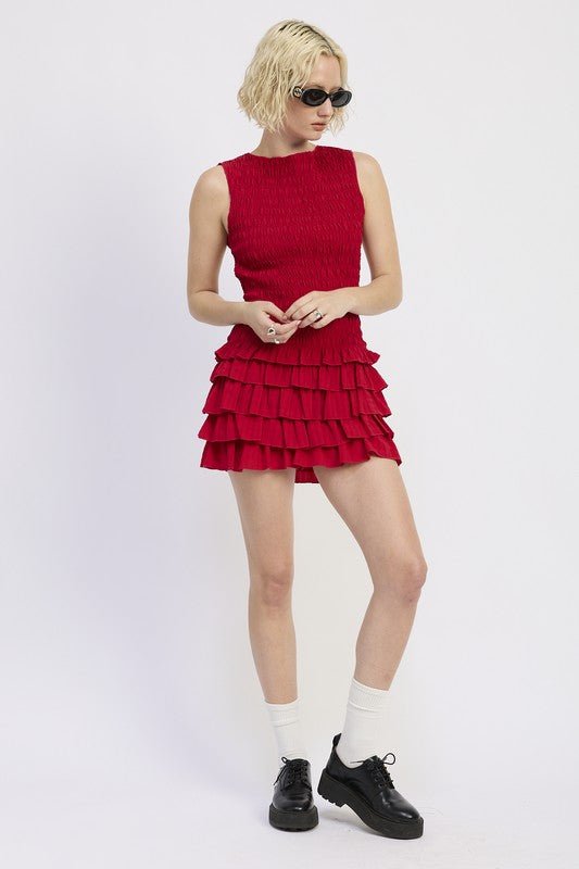 SLEEVELESS SMOCKED MINI DRESS WITH RUFFLE - Blu Lotus Boutique