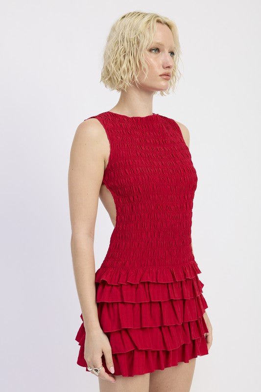 SLEEVELESS SMOCKED MINI DRESS WITH RUFFLE - Blu Lotus Boutique