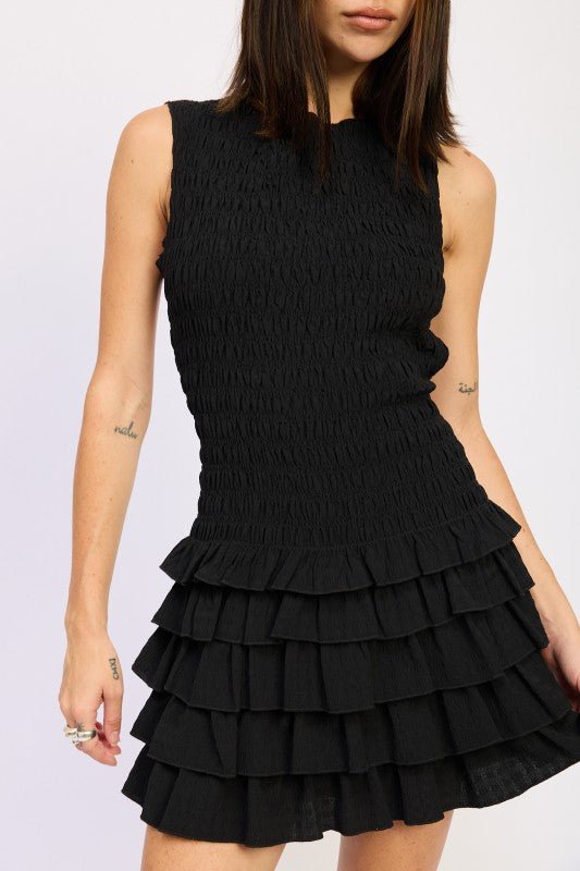 SLEEVELESS SMOCKED MINI DRESS WITH RUFFLE - Blu Lotus Boutique
