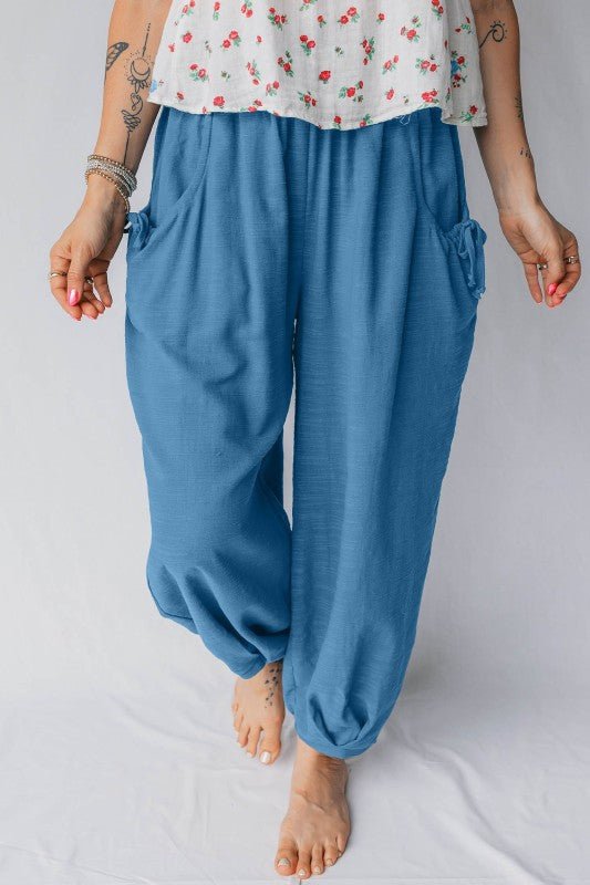 Smocked High Waist Drawstring Pocket Jogger Pants - Blu Lotus Boutique