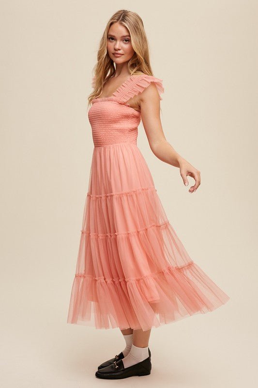 Smocked Ruffle Tiered Mesh Midi Maxi Dress - Blu Lotus Boutique