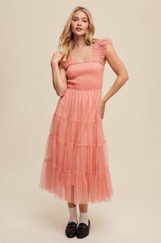 Smocked Ruffle Tiered Mesh Midi Maxi Dress - Blu Lotus Boutique