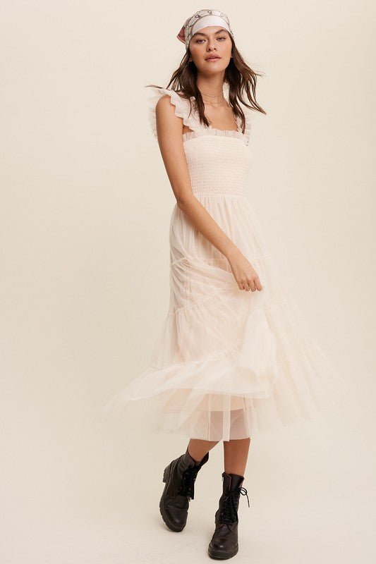 Smocked Ruffle Tiered Mesh Midi Maxi Dress - Blu Lotus Boutique