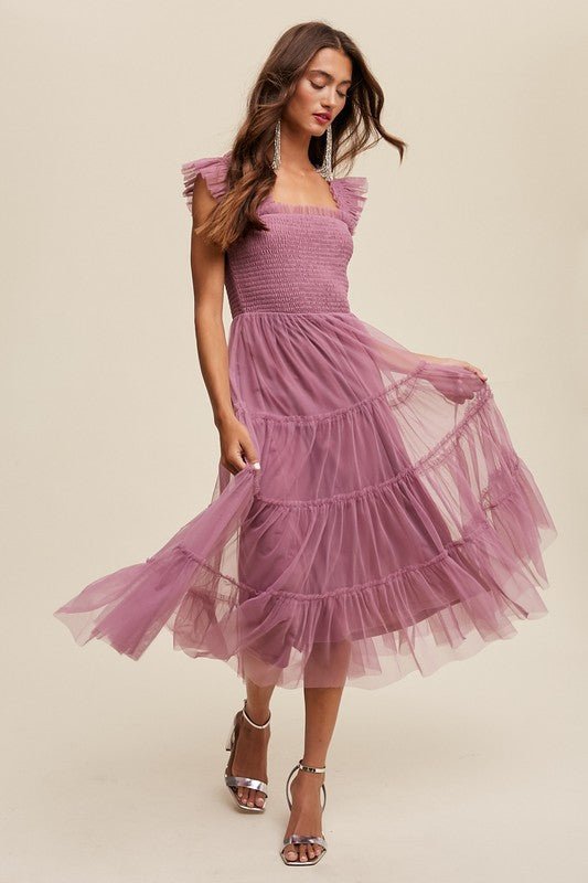 Smocked Ruffle Tiered Mesh Midi Maxi Dress - Blu Lotus Boutique