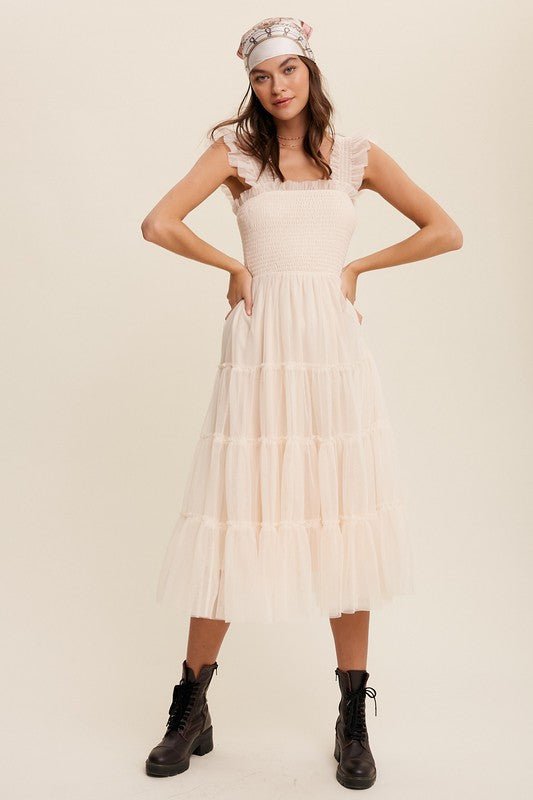 Smocked Ruffle Tiered Mesh Midi Maxi Dress - Blu Lotus Boutique