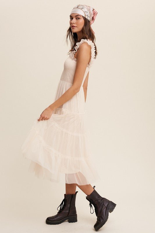 Smocked Ruffle Tiered Mesh Midi Maxi Dress - Blu Lotus Boutique