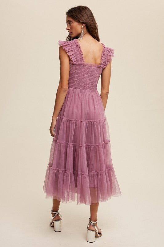 Smocked Ruffle Tiered Mesh Midi Maxi Dress - Blu Lotus Boutique