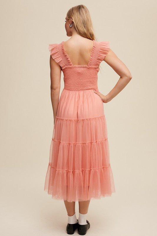 Smocked Ruffle Tiered Mesh Midi Maxi Dress - Blu Lotus Boutique