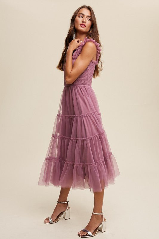 Smocked Ruffle Tiered Mesh Midi Maxi Dress - Blu Lotus Boutique