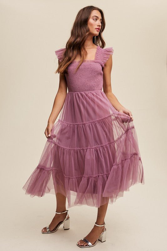 Smocked Ruffle Tiered Mesh Midi Maxi Dress - Blu Lotus Boutique