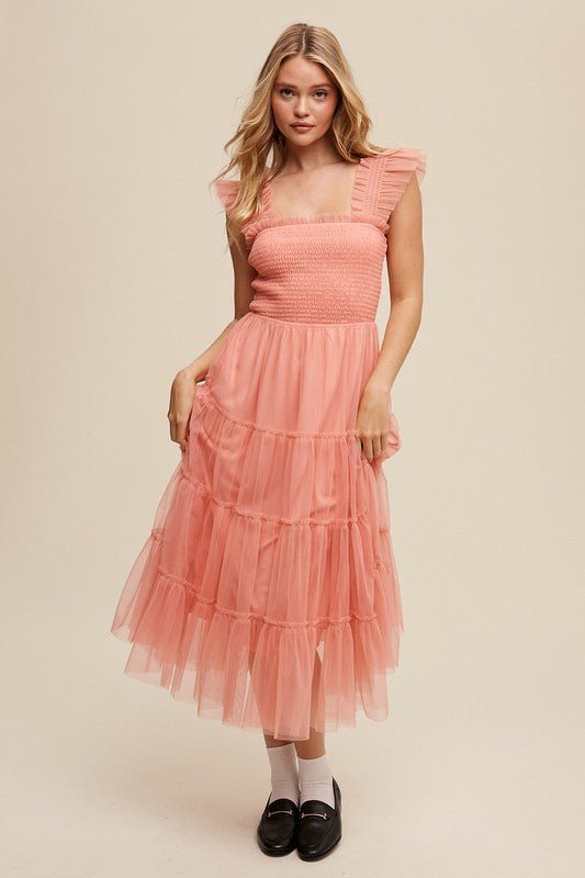 Smocked Ruffle Tiered Mesh Midi Maxi Dress - Blu Lotus Boutique