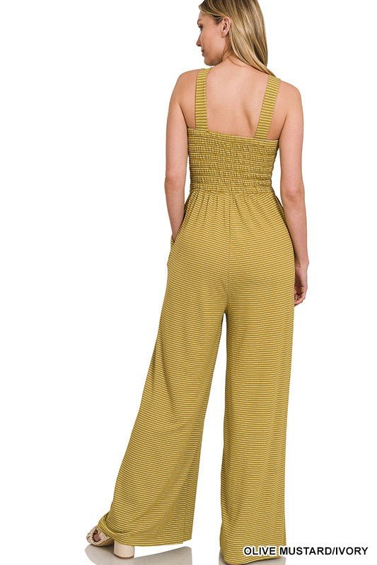 Smocked Top Striped Jumpsuit - Blu Lotus Boutique