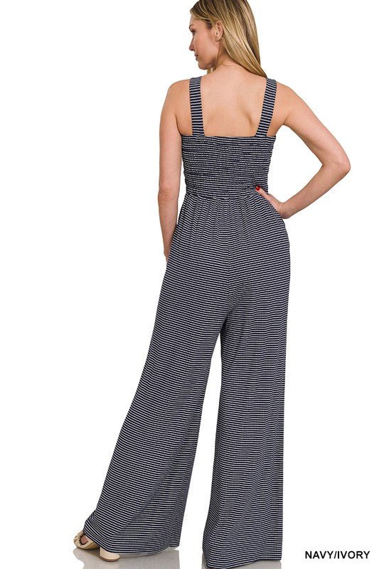 Smocked Top Striped Jumpsuit - Blu Lotus Boutique