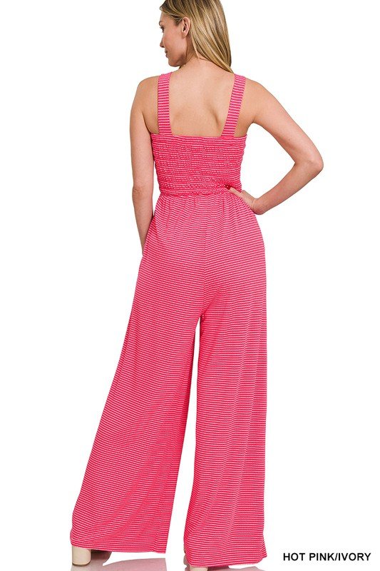 Smocked Top Striped Jumpsuit - Blu Lotus Boutique