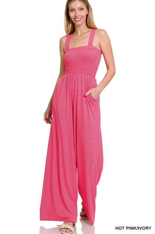 Smocked Top Striped Jumpsuit - Blu Lotus Boutique