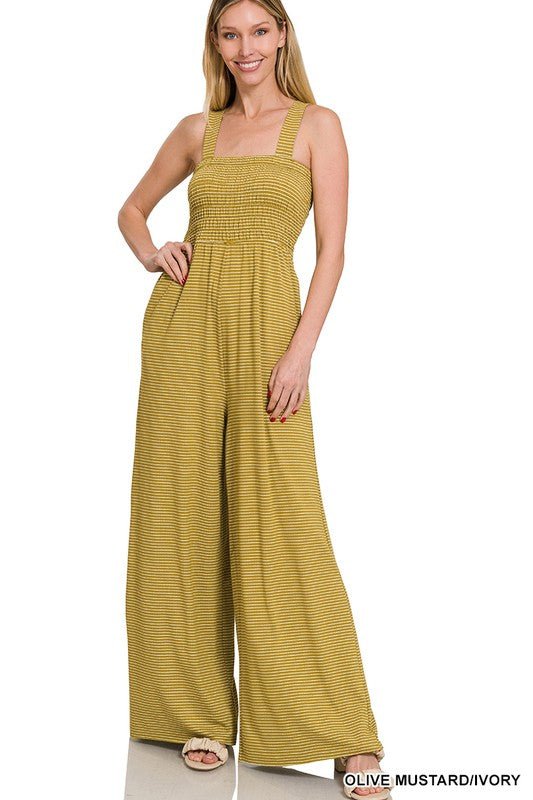 Smocked Top Striped Jumpsuit - Blu Lotus Boutique