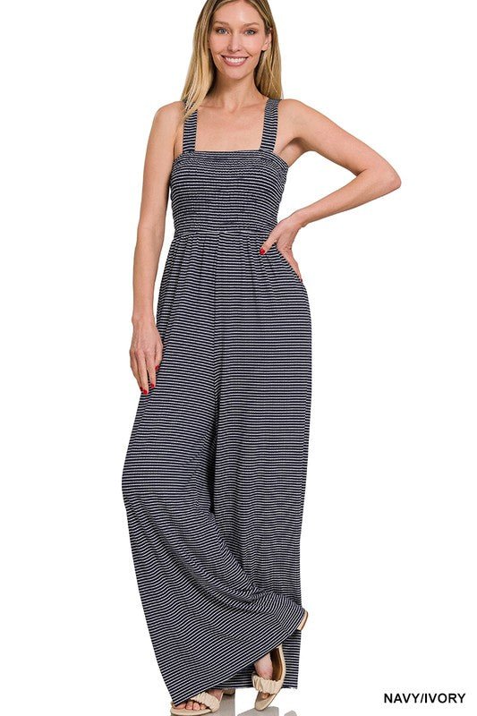 Smocked Top Striped Jumpsuit - Blu Lotus Boutique