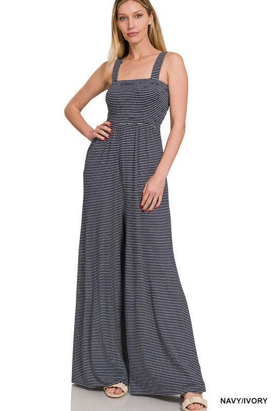 Smocked Top Striped Jumpsuit - Blu Lotus Boutique