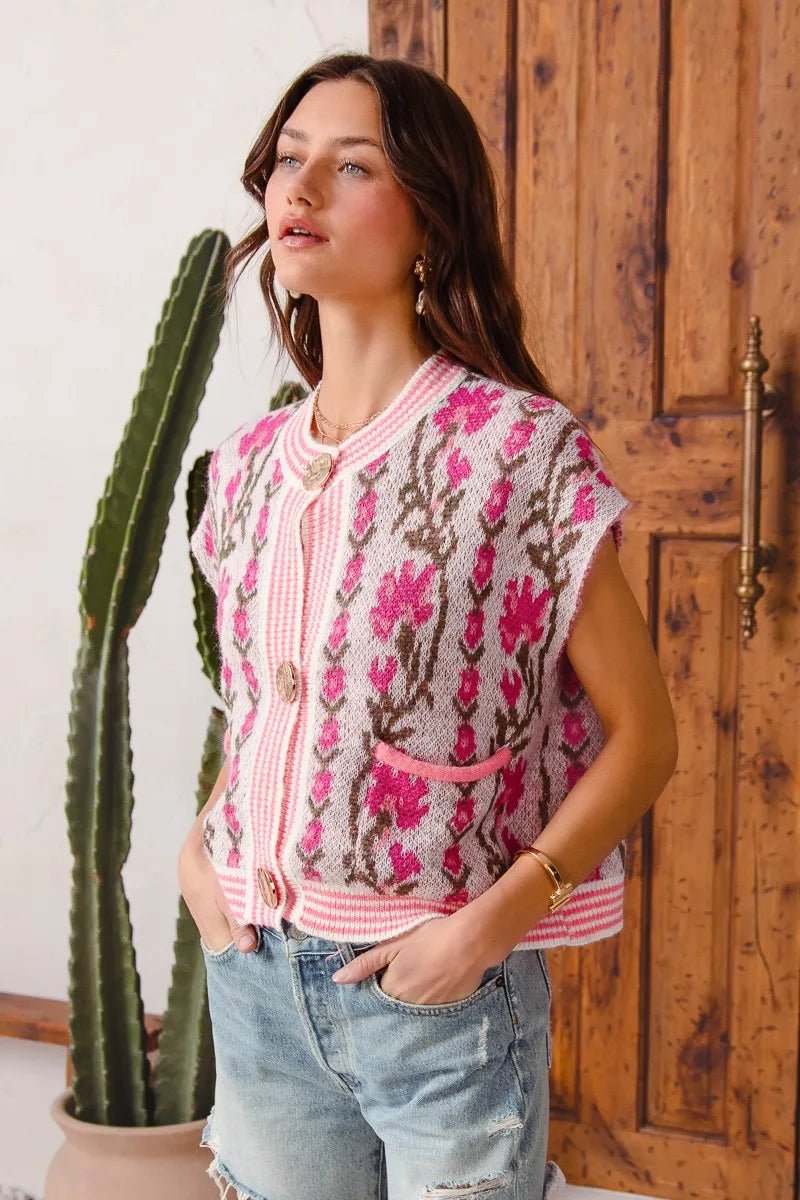 SO ME Button Front Floral and Stripe Knitted Sweater Vest - Blu Lotus Boutique