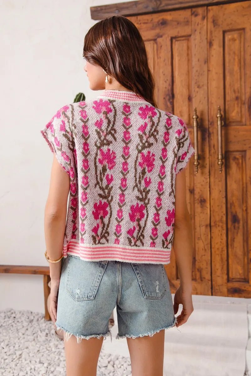 SO ME Button Front Floral and Stripe Knitted Sweater Vest - Blu Lotus Boutique