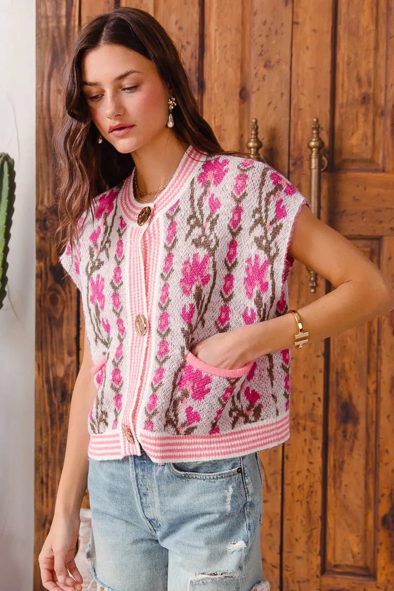 SO ME Button Front Floral and Stripe Knitted Sweater Vest - Blu Lotus Boutique