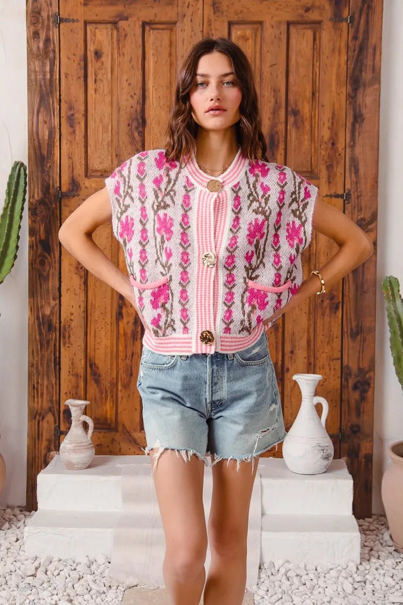 SO ME Button Front Floral and Stripe Knitted Sweater Vest - Blu Lotus Boutique