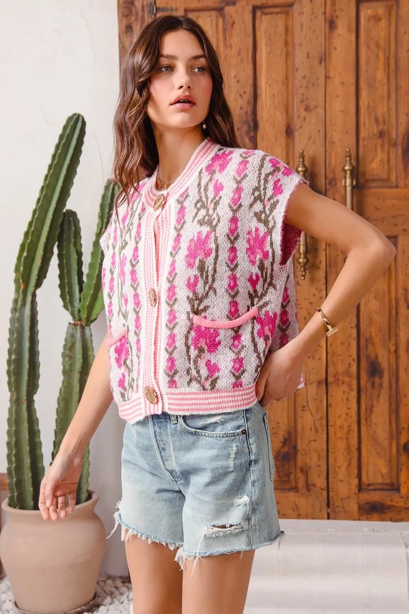SO ME Button Front Floral and Stripe Knitted Sweater Vest - Blu Lotus Boutique