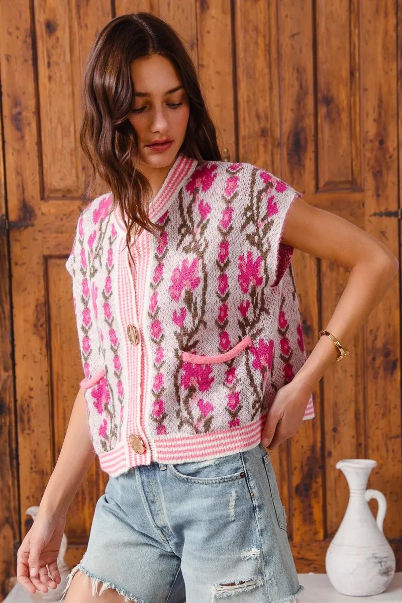 SO ME Button Front Floral and Stripe Knitted Sweater Vest - Blu Lotus Boutique