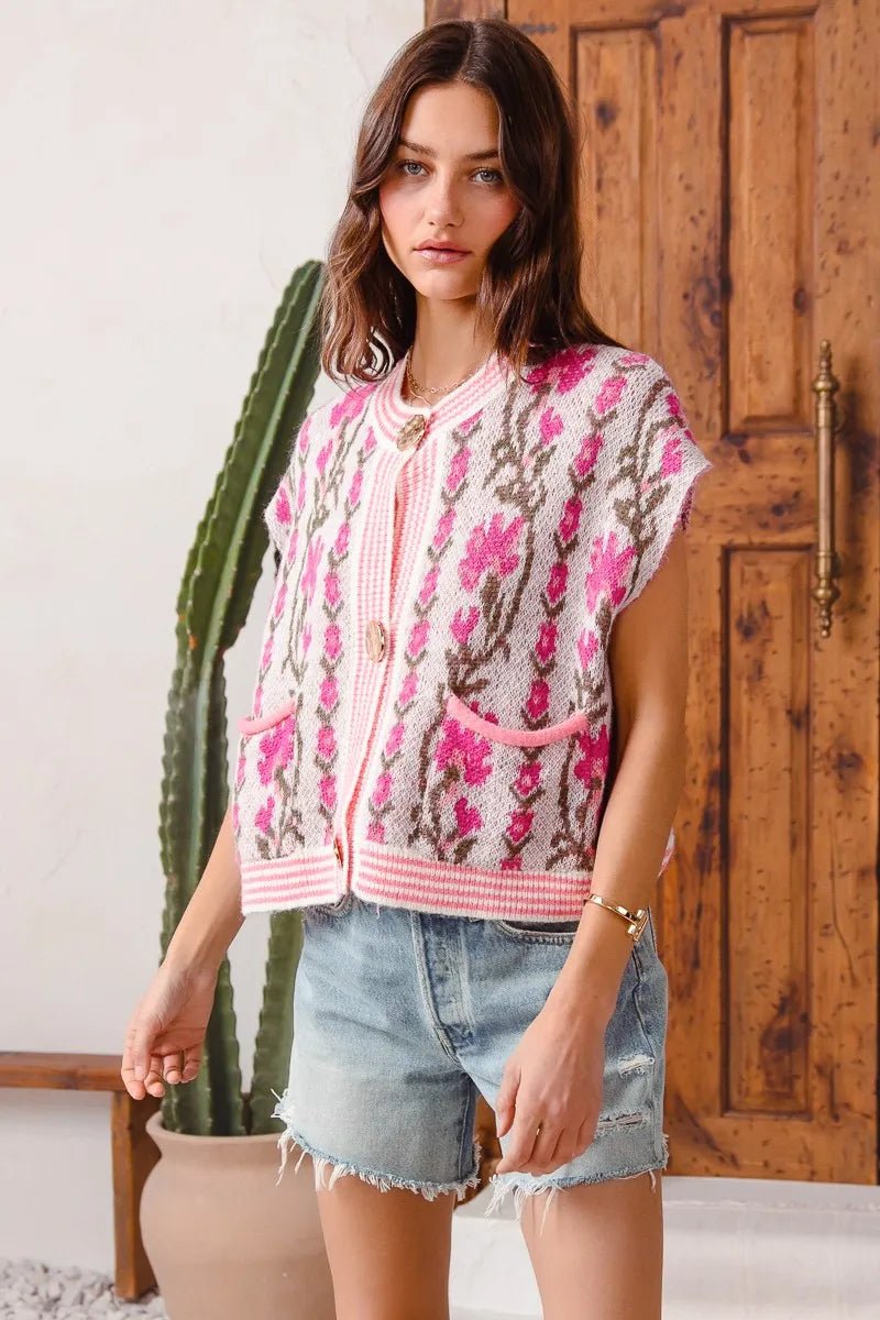 SO ME Button Front Floral and Stripe Knitted Sweater Vest - Blu Lotus Boutique