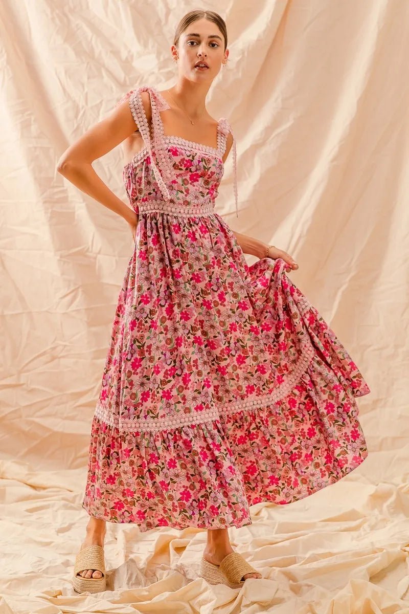 SO ME Floral Maxi Dress With Ribbon Tie Lace Strap - Blu Lotus Boutique