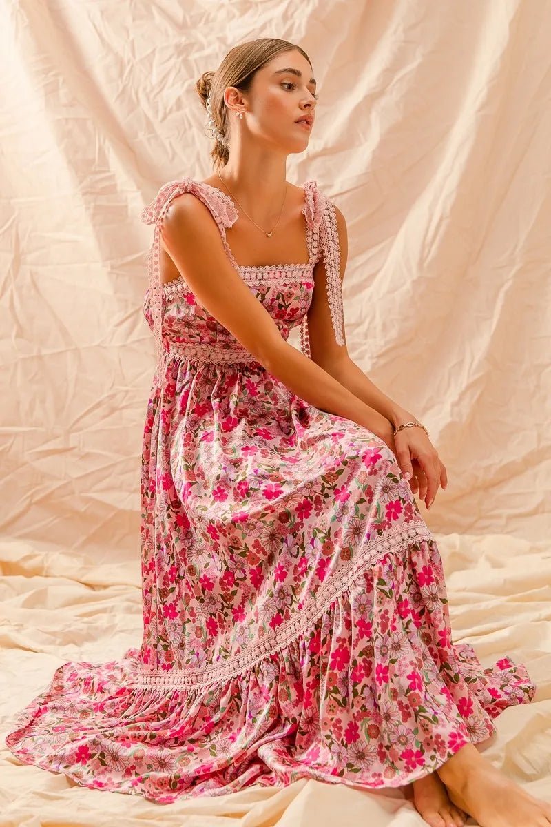 SO ME Floral Maxi Dress With Ribbon Tie Lace Strap - Blu Lotus Boutique