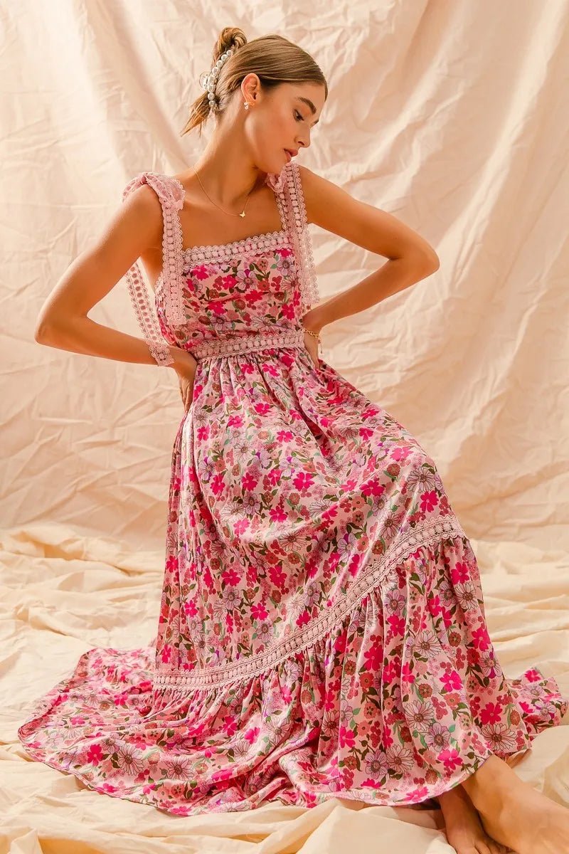 SO ME Floral Maxi Dress With Ribbon Tie Lace Strap - Blu Lotus Boutique