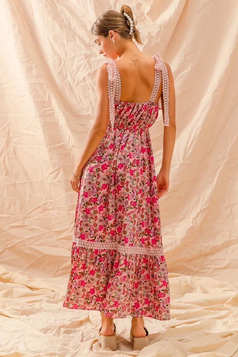SO ME Floral Maxi Dress With Ribbon Tie Lace Strap - Blu Lotus Boutique